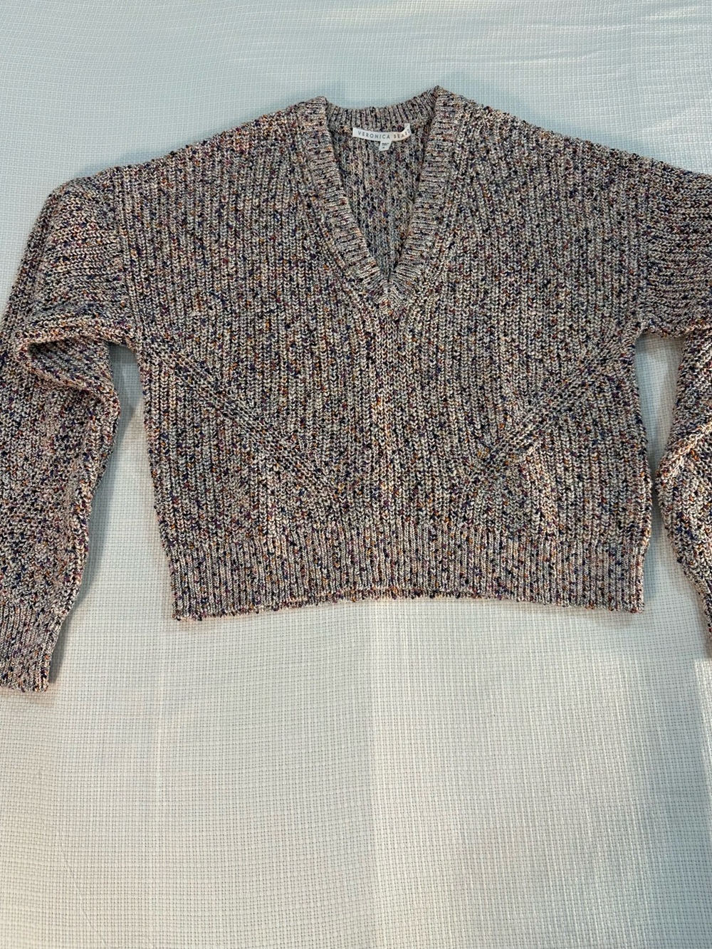 Veronica Beard Cream Speckled Vneck oversized sweater